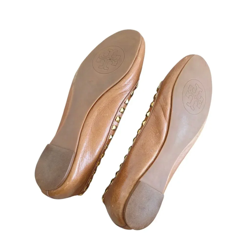 Tory Burch Royal Tan  & Gold Studded Leather Dale Ballet Flats Size Size 7.5M